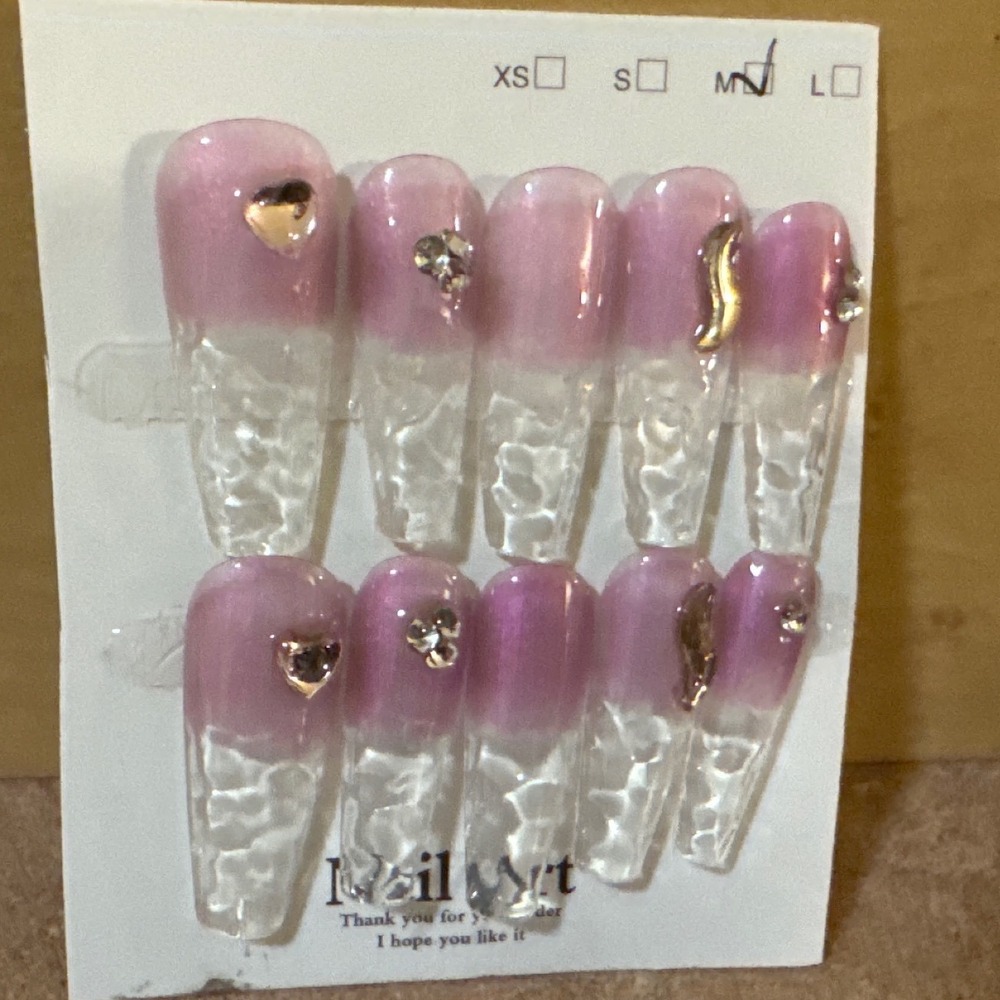 Pink Ombre 3D Press On Nails Long Coffin Clear Silver Heart Charms Size M